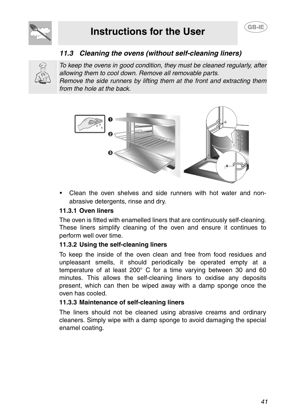 1 oven liners, 2 using the self-cleaning liners, 3 maintenance of self-cleaning liners | Instructions for the user | Smeg CS150SA User Manual | Page 39 / 43