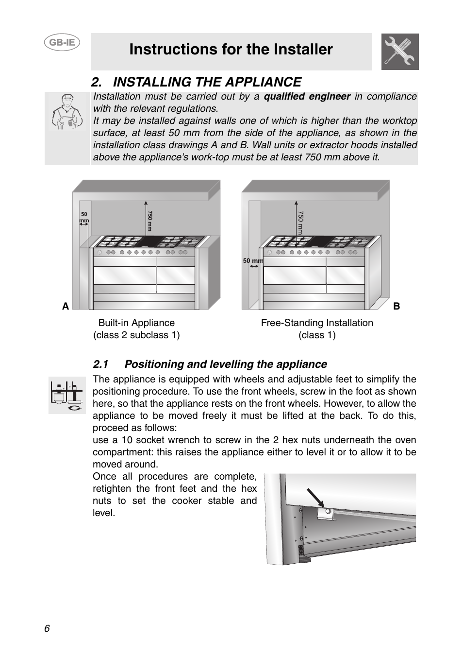 Installing the appliance, 1 positioning and levelling the appliance, Instructions for the installer | Smeg CS150SA User Manual | Page 4 / 43