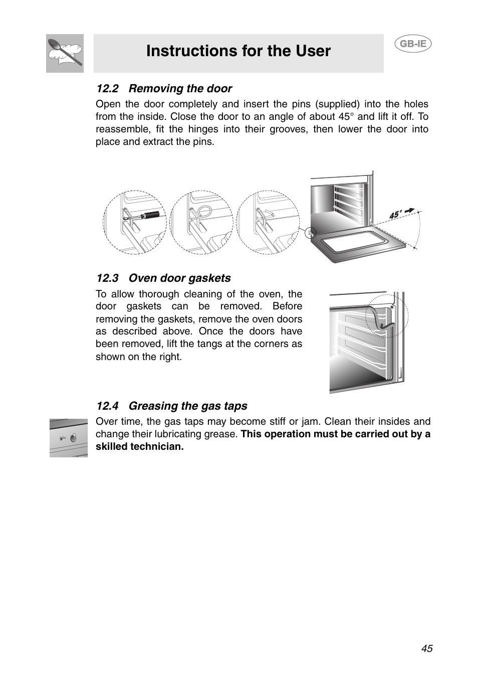 2 removing the door, 3 oven door gaskets, 4 greasing the gas taps | Instructions for the user | Smeg CS150SA User Manual | Page 43 / 43