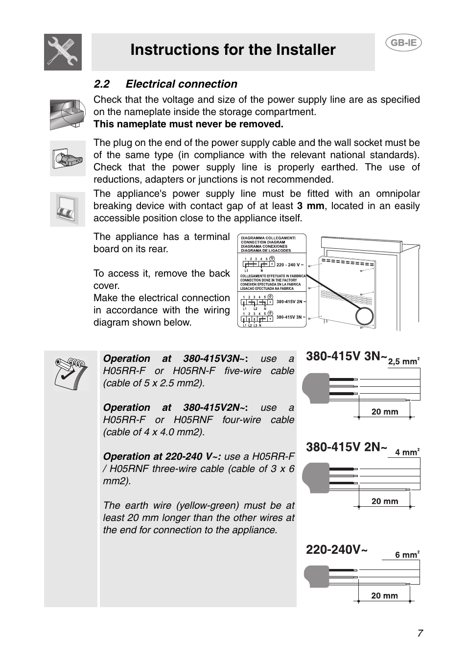 2 electrical connection, Instructions for the installer | Smeg CS150SA User Manual | Page 5 / 43