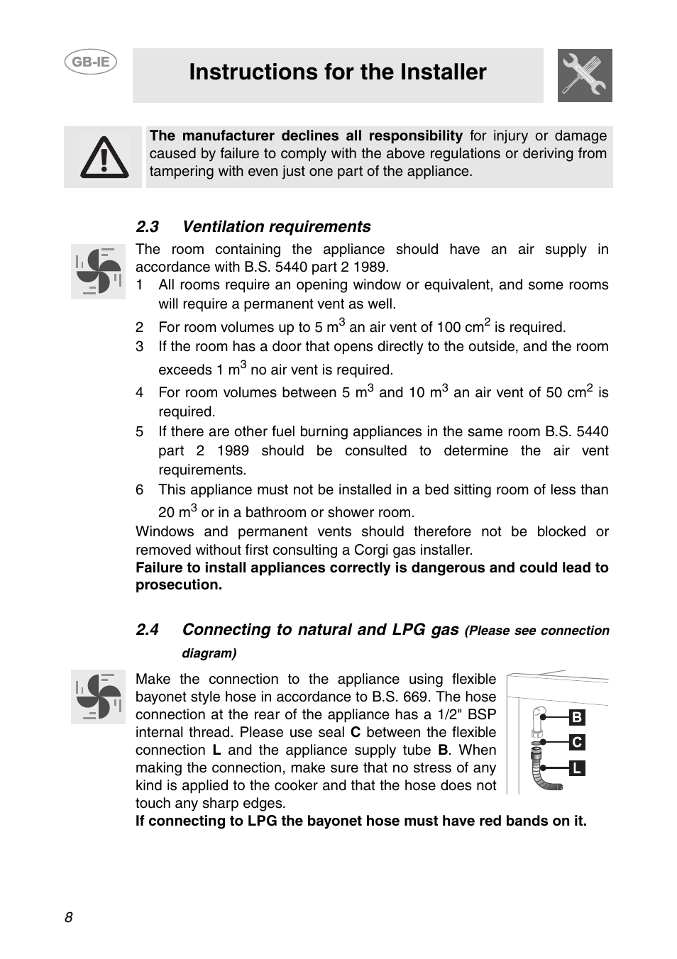 3 ventilation requirements, Instructions for the installer | Smeg CS150SA User Manual | Page 6 / 43