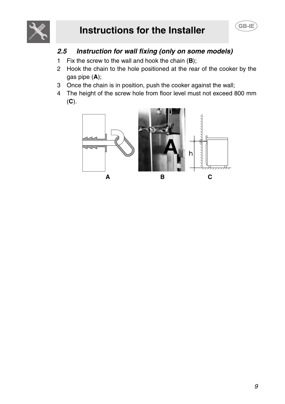1 fix the screw to the wall and hook the chain (b), Instructions for the installer | Smeg CS150SA User Manual | Page 7 / 43