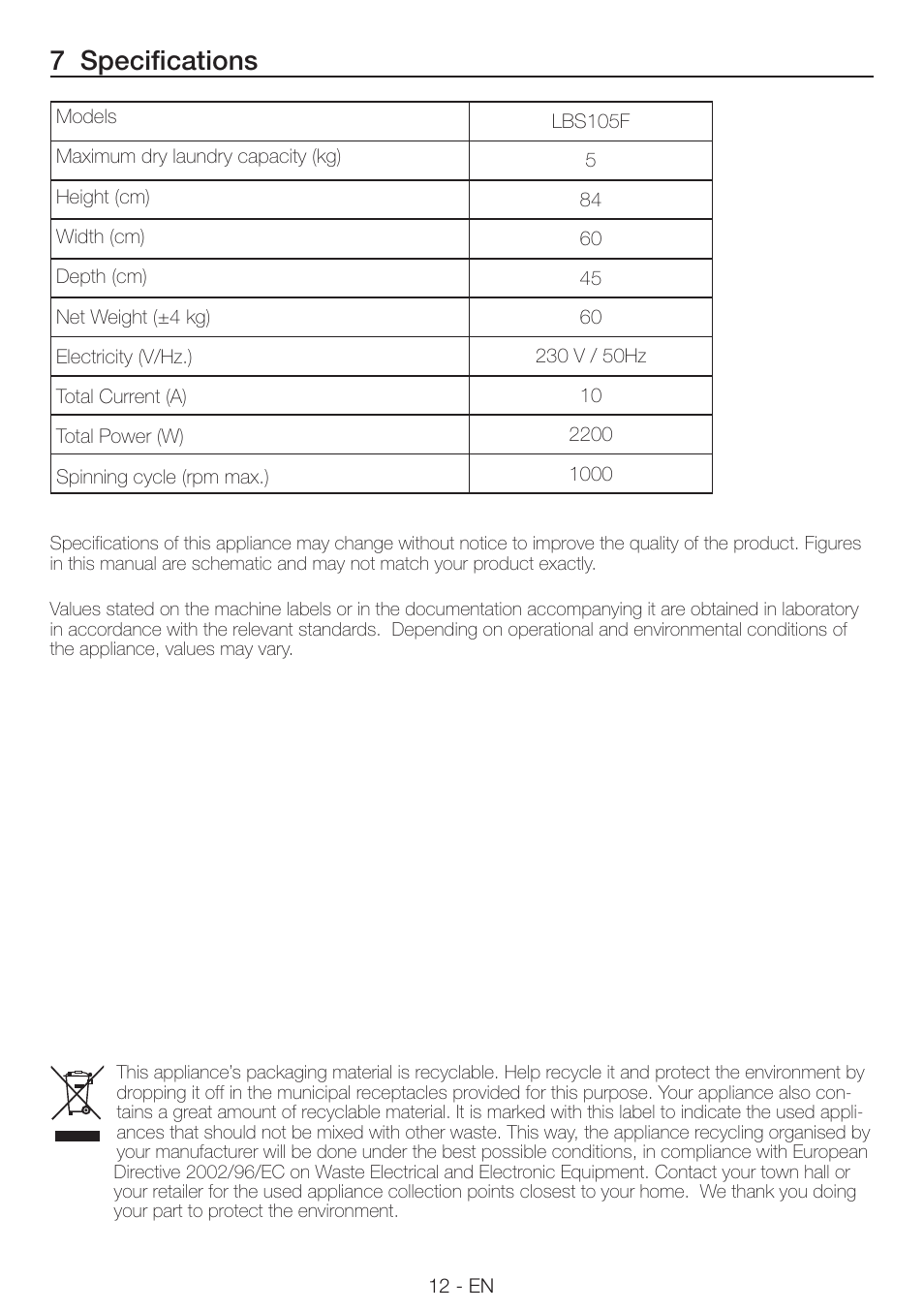 7 specifications | Smeg LAVATRICE LBS105F User Manual | Page 12 / 12