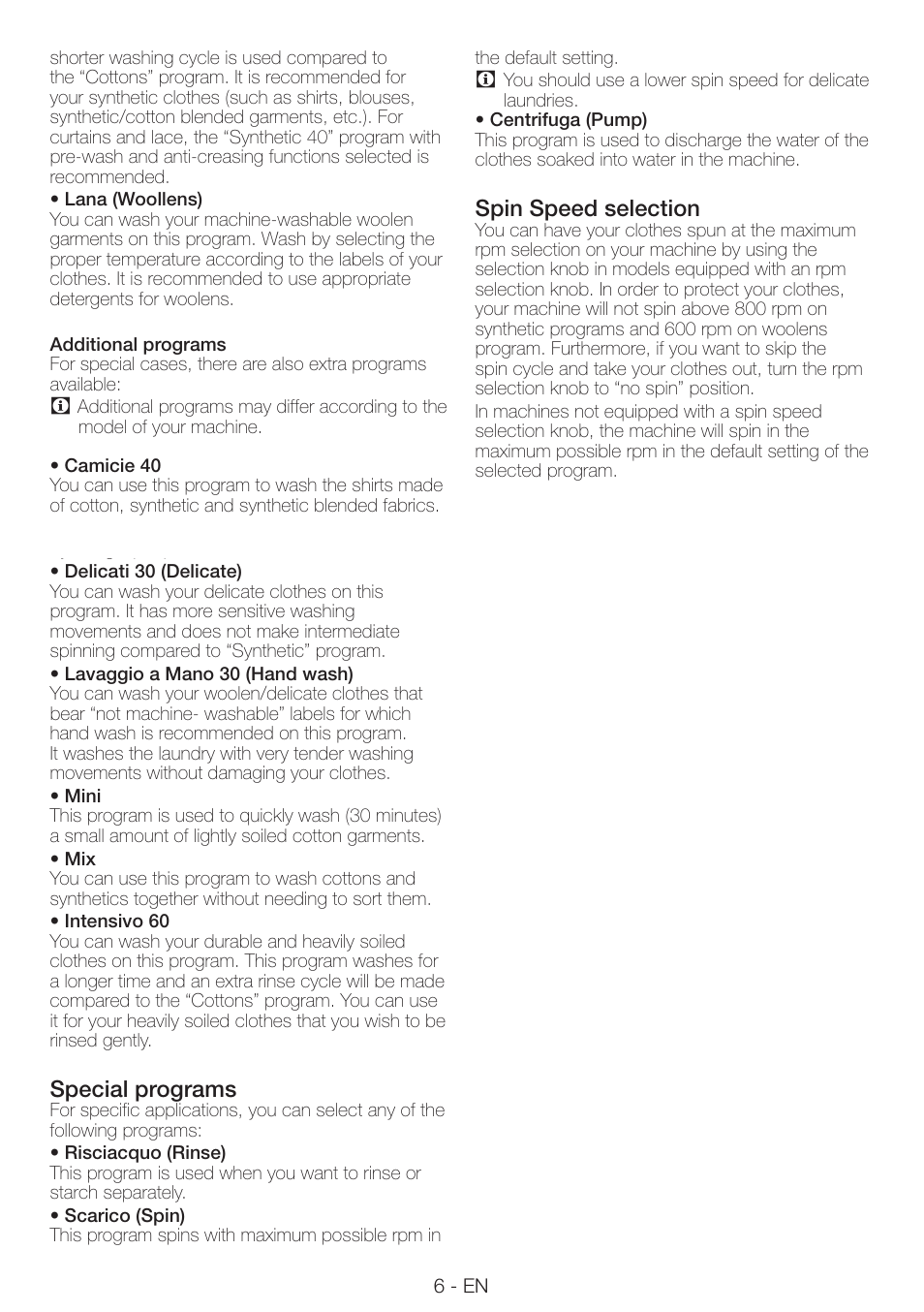 Special programs, Spin speed selection | Smeg LAVATRICE LBS105F User Manual | Page 6 / 12
