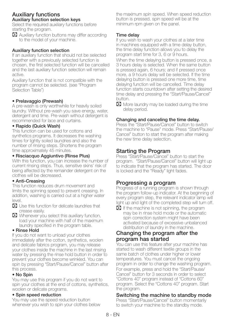 Auxiliary functions, Starting the program, Progressing a program | Changing the program after the program has started | Smeg LAVATRICE LBS105F User Manual | Page 8 / 12