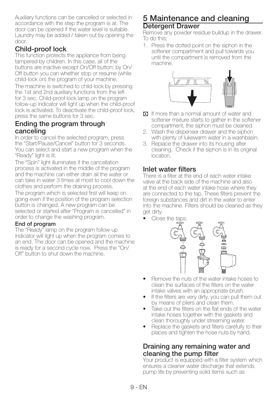 5 maintenance and cleaning, Child-proof lock, Ending the program through canceling | Detergent drawer, Inlet water filters | Smeg LAVATRICE LBS105F User Manual | Page 9 / 12