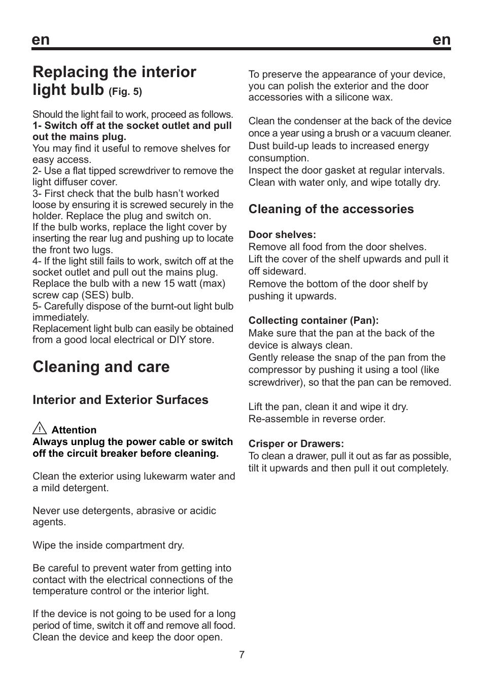 En cleaning and care, Replacing the interior light bulb | Smeg FD 32 AP User Manual | Page 12 / 16