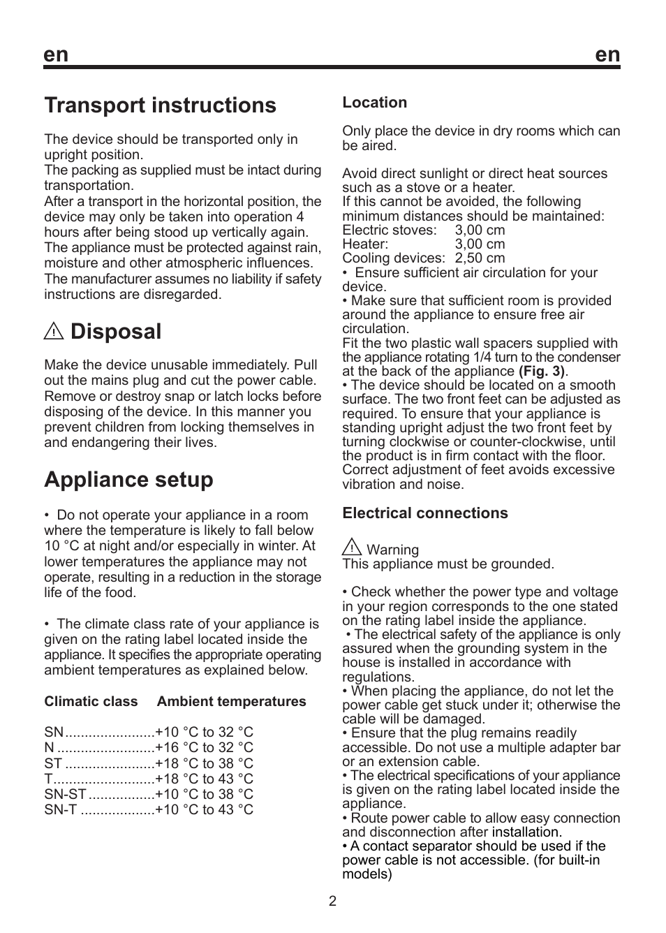 En transport instructions, Disposal, Appliance setup | Smeg FD 32 AP User Manual | Page 7 / 16