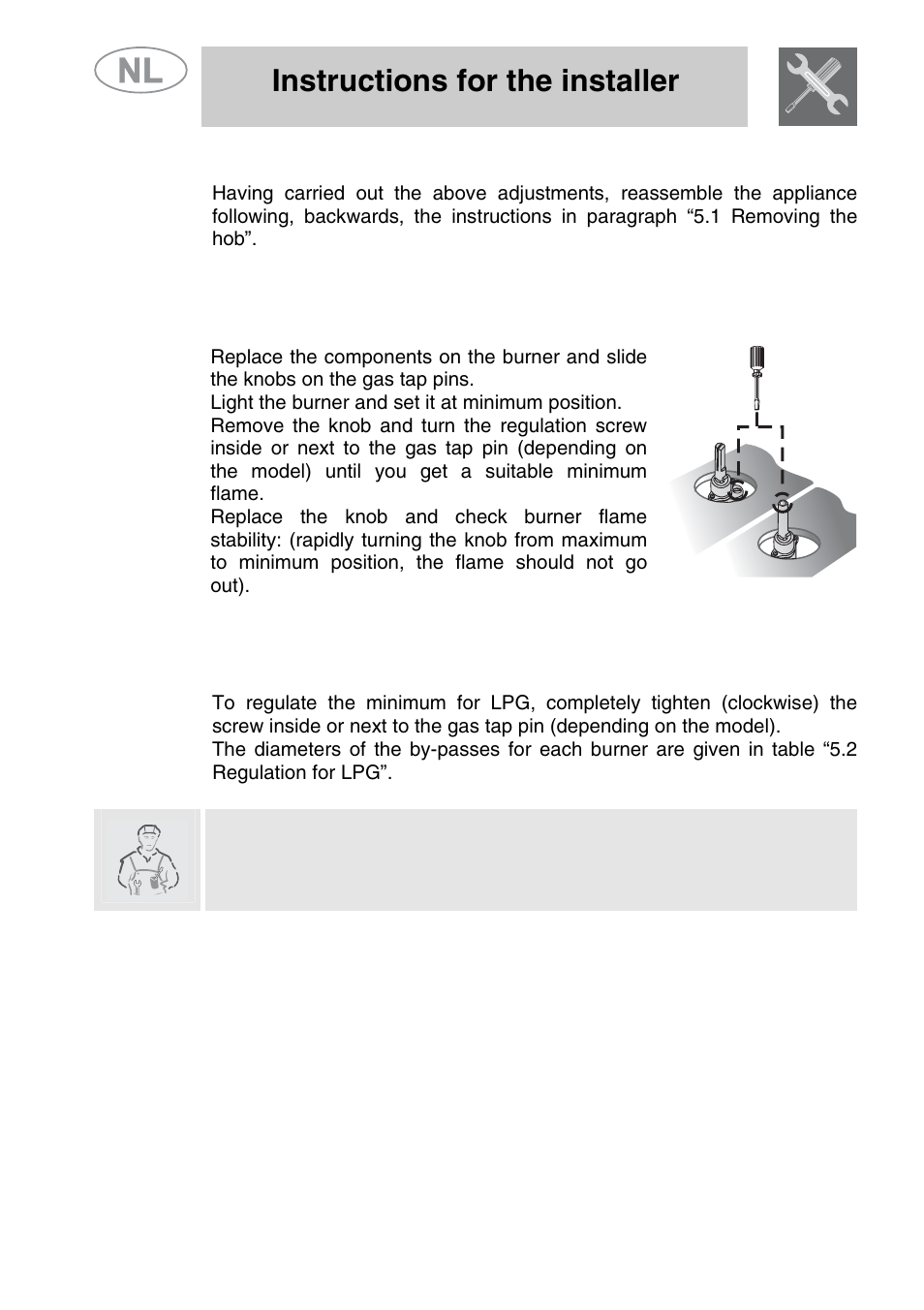 Final operations, 1 regulation of minimum for natural gas, 2 regulation of minimum for lpg | Instructions for the installer | Smeg GKCO64-3 User Manual | Page 12 / 18