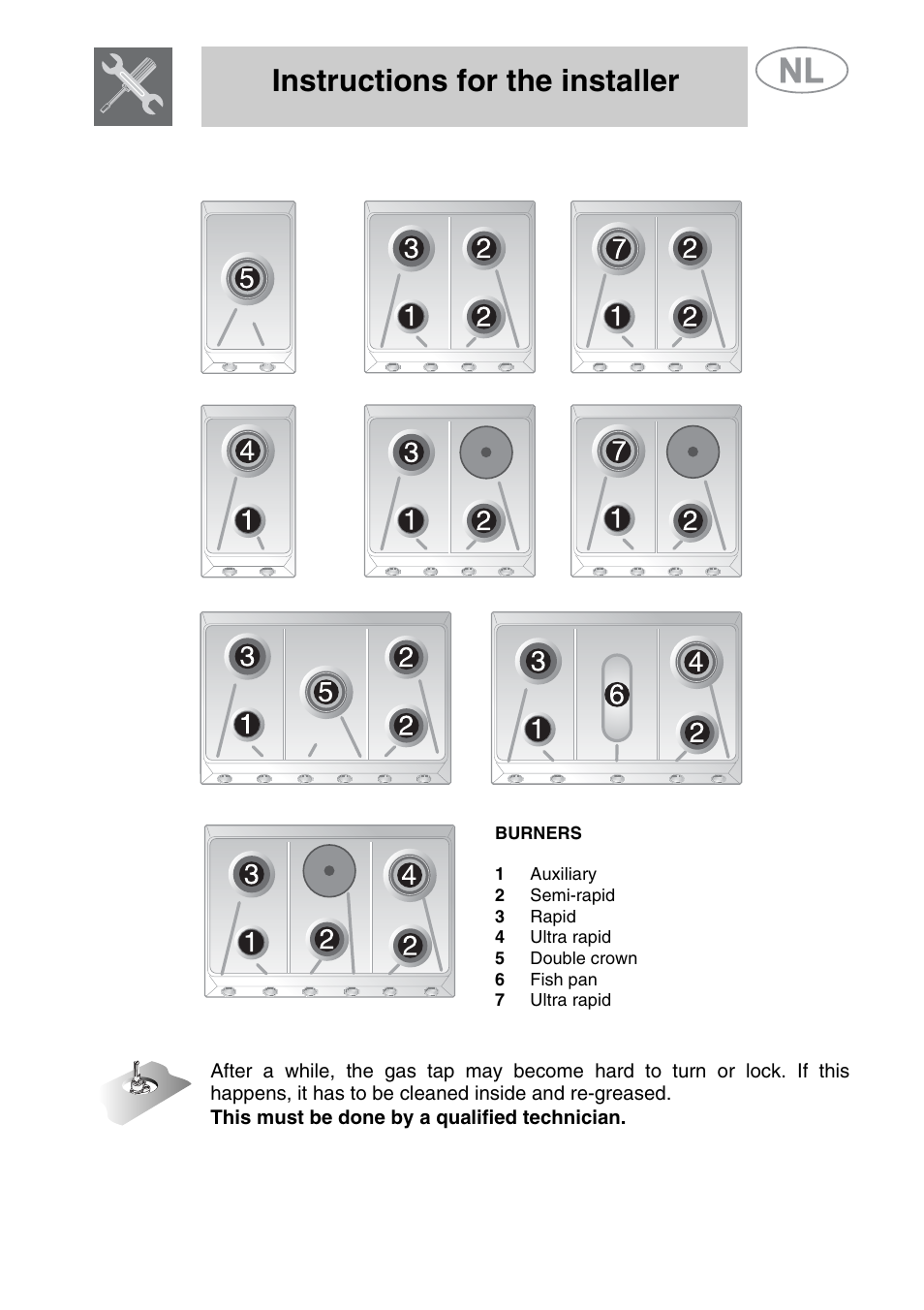 3 arrangement of burners on hob, 4 lubrication of gas taps, Instructions for the installer | Smeg GKCO64-3 User Manual | Page 13 / 18
