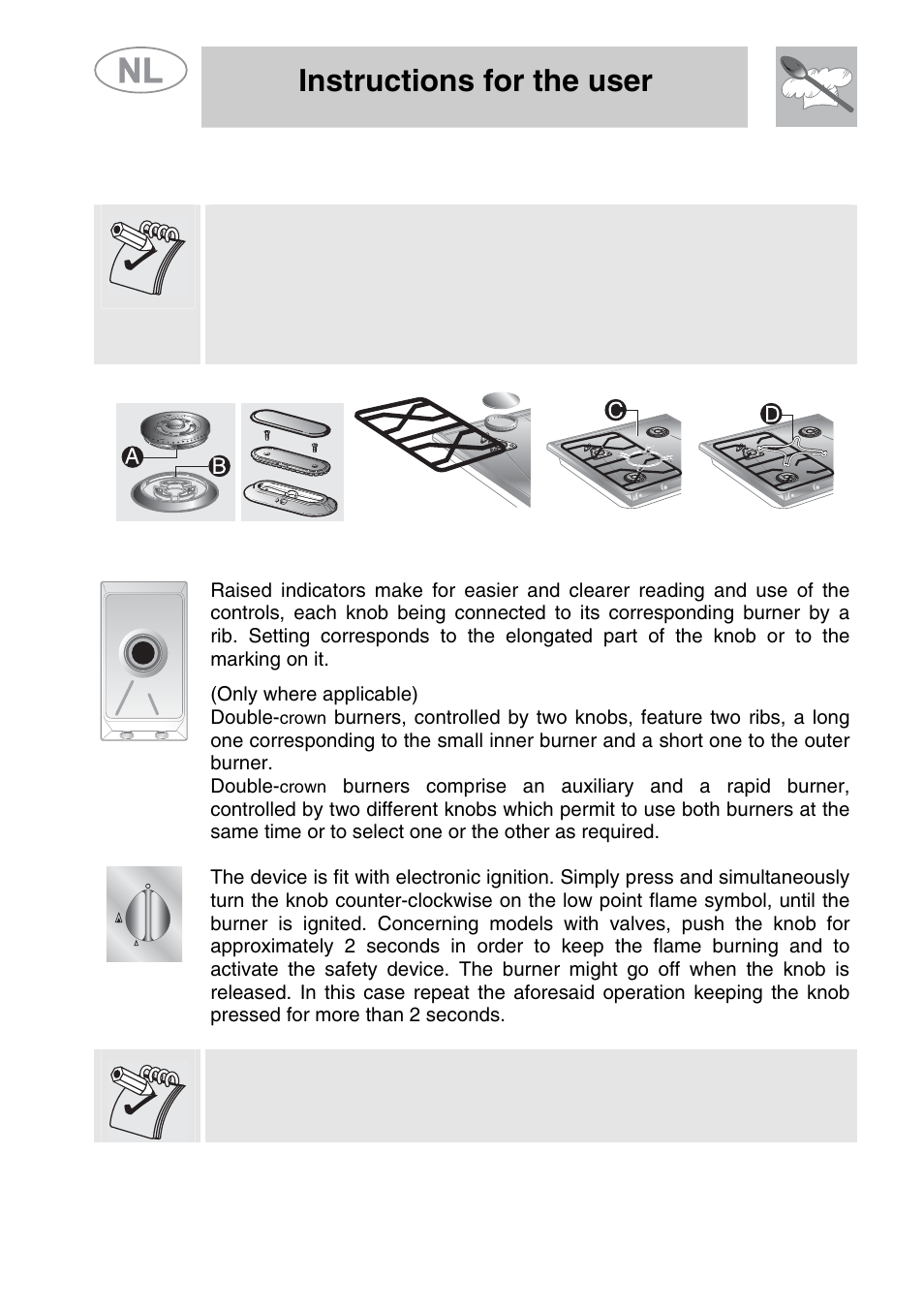 Using the hob, 1 ignition of the burners, Instructions for the user | Only where applicable) double | Smeg GKCO64-3 User Manual | Page 14 / 18