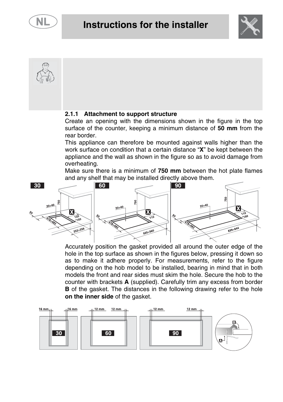 Positioning of hob, 1 attachment to support structure, Instructions for the installer | Smeg GKCO64-3 User Manual | Page 4 / 18