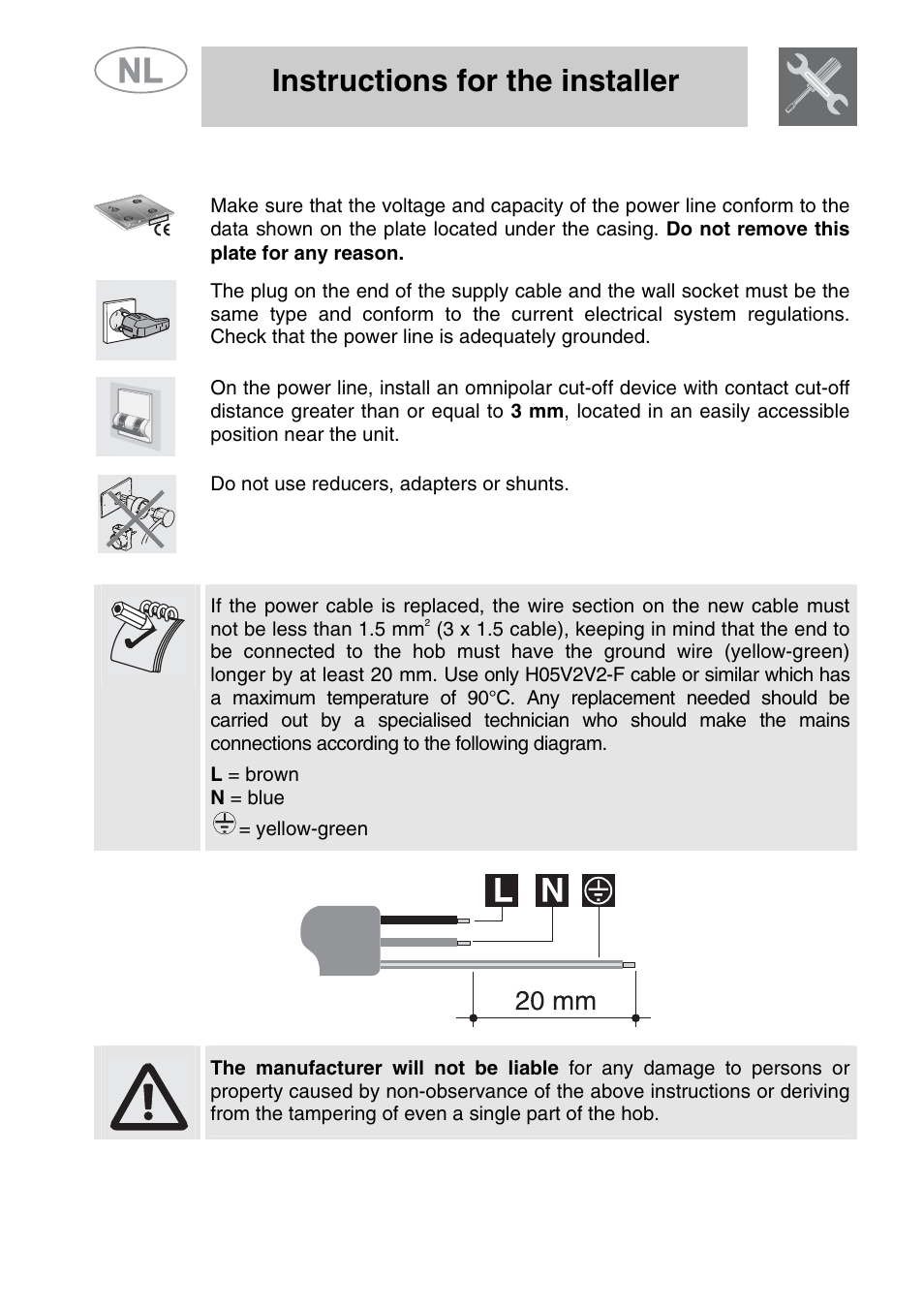 Electrical connection, Instructions for the installer, Do not use reducers, adapters or shunts | L = brown n = blue = yellow-green | Smeg GKCO64-3 User Manual | Page 6 / 18