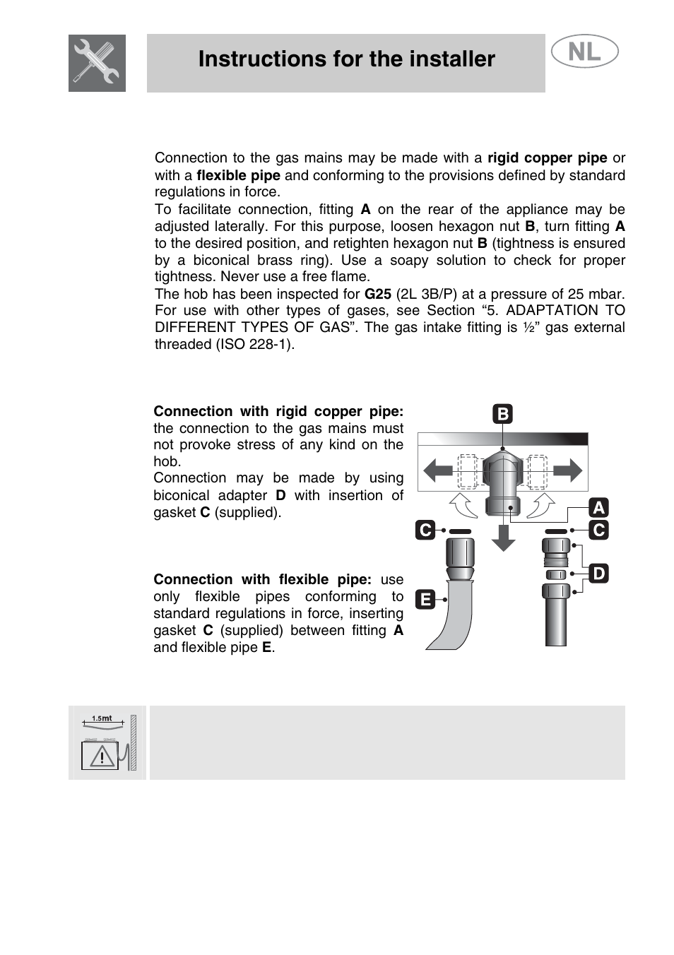 Gas connection, Instructions for the installer | Smeg GKCO64-3 User Manual | Page 7 / 18