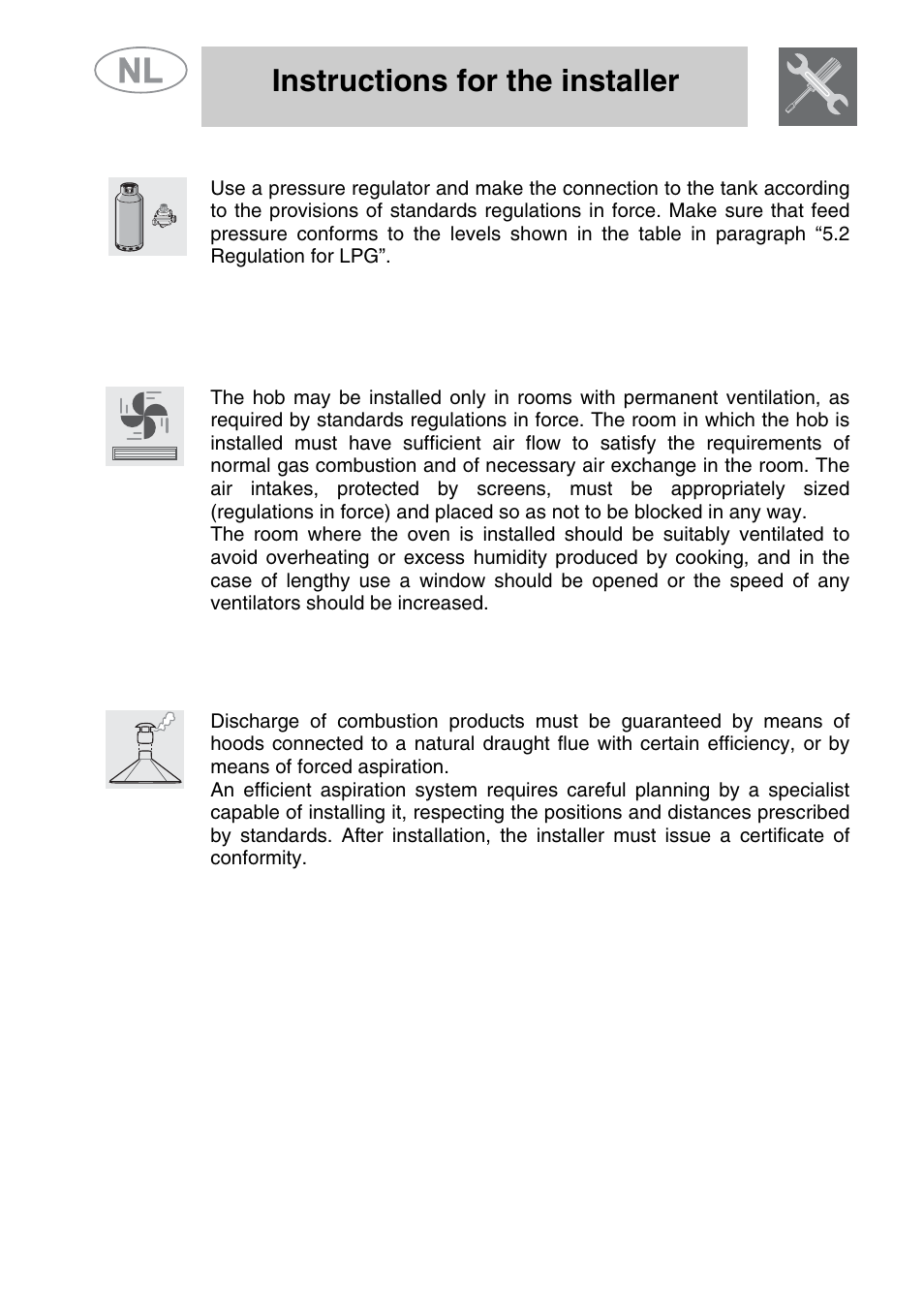 1 connection to lpg, 2 ventilation of rooms, 3 discharge of combustion products | Instructions for the installer | Smeg GKCO64-3 User Manual | Page 8 / 18