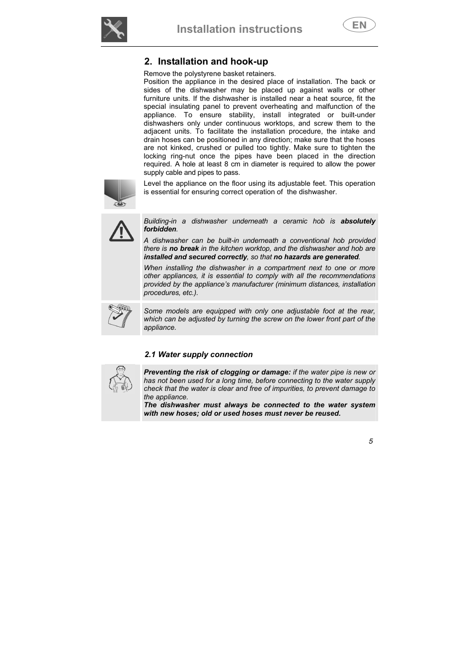 Installation instructions, Installation and hook-up, 1 water supply connection | Smeg STA645Q User Manual | Page 7 / 37