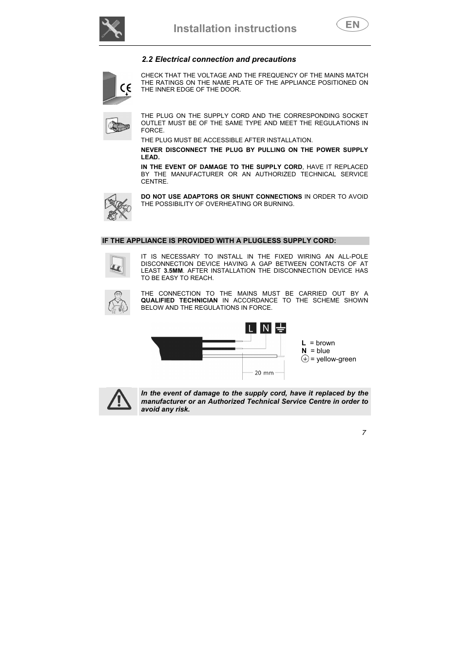 Installation instructions, 2 electrical connection and precautions | Smeg STA645Q User Manual | Page 9 / 37