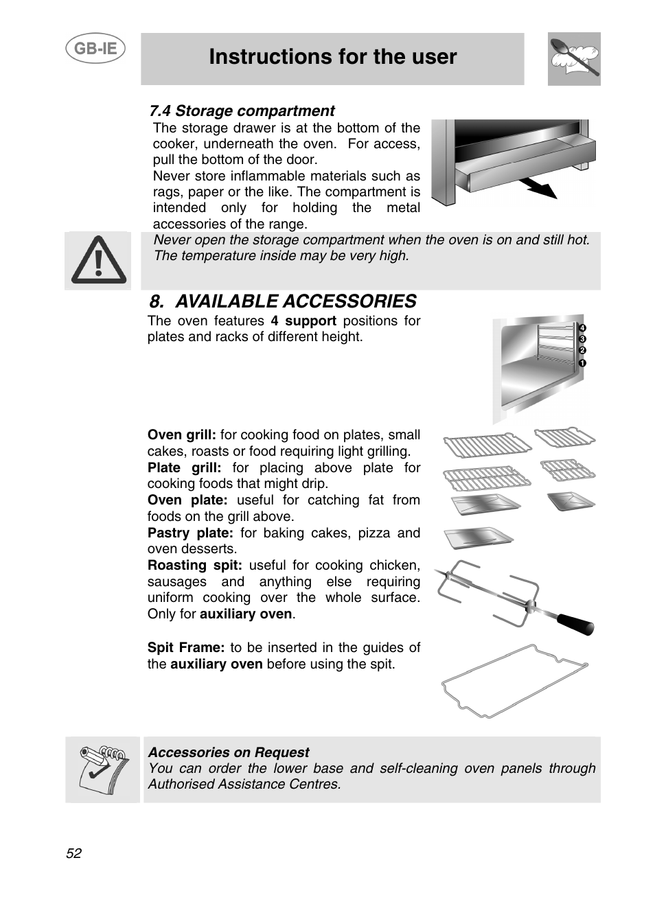 Instructions for the user, Available accessories | Smeg A2-5 User Manual | Page 17 / 30