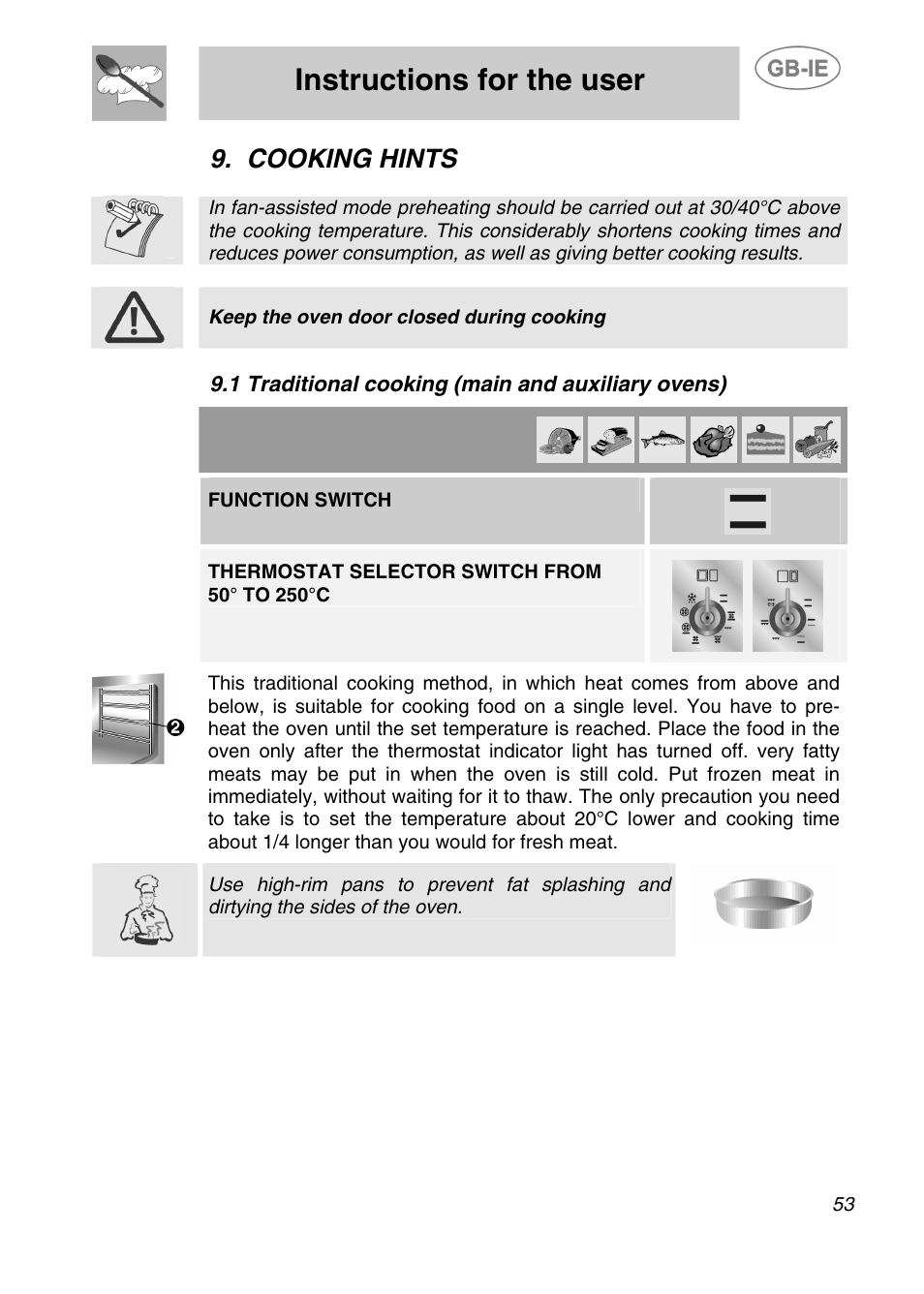 Instructions for the user, Cooking hints, 1 traditional cooking (main and auxiliary ovens) | Smeg A2-5 User Manual | Page 18 / 30