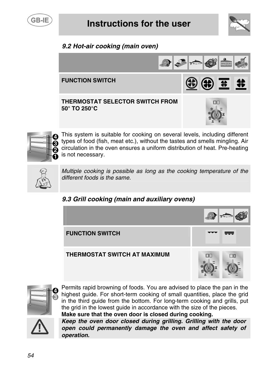 Instructions for the user, 2 hot-air cooking (main oven), 3 grill cooking (main and auxiliary ovens) | Function switch, Thermostat switch at maximum | Smeg A2-5 User Manual | Page 19 / 30