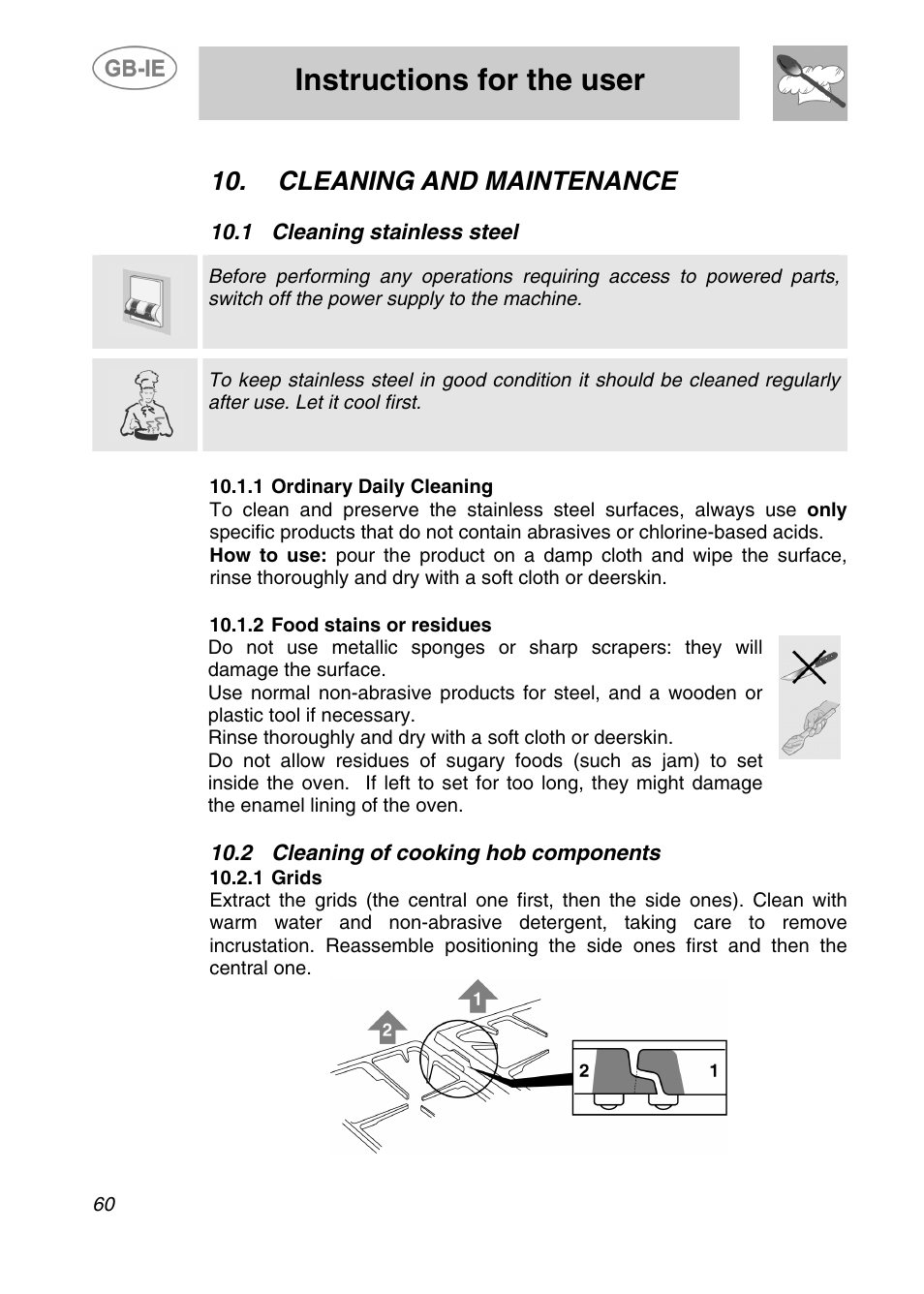 Instructions for the user, Cleaning and maintenance, Cleaning stainless steel | Ing of cooking hob components, 2 clean | Smeg A2-5 User Manual | Page 25 / 30