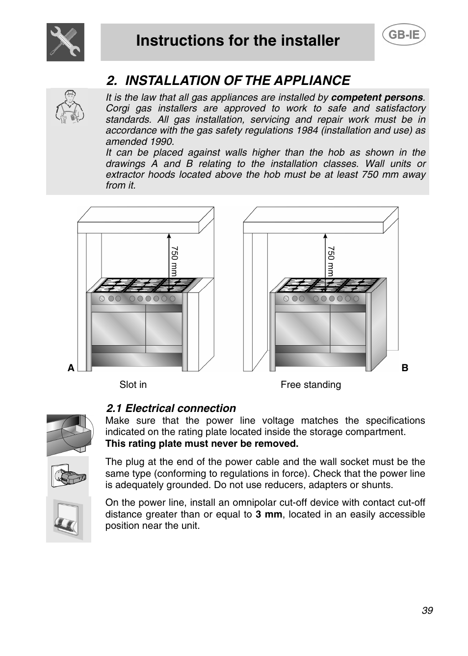 Instructions for the installer, Installation of the appliance | Smeg A2-5 User Manual | Page 4 / 30