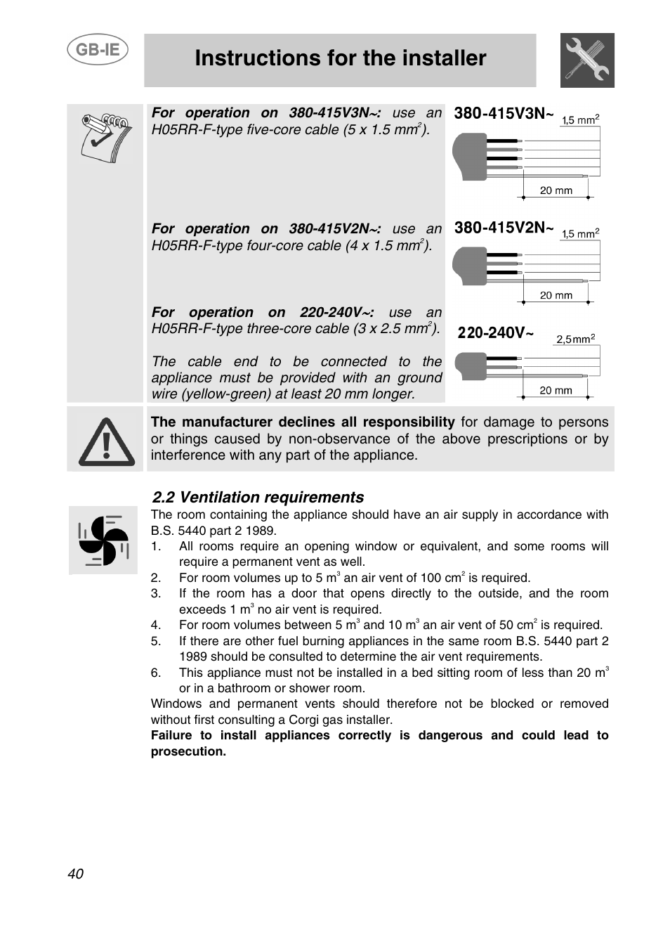 Instructions for the installer, 2 ventilation requirements | Smeg A2-5 User Manual | Page 5 / 30