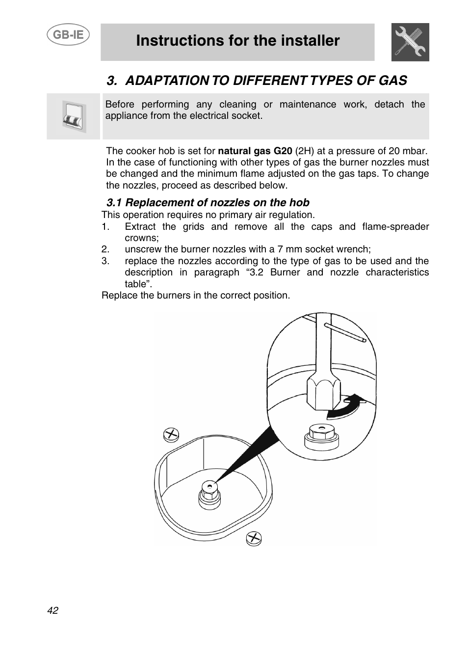 Instructions for the installer, Adaptation to different types of gas, 1 replacement of nozzles on the hob | Smeg A2-5 User Manual | Page 7 / 30