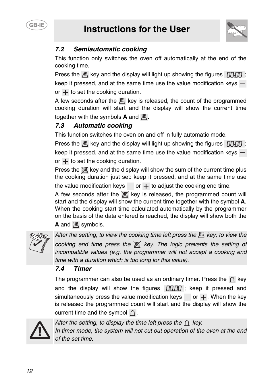 2 semiautomatic cooking, 3 automatic cooking, 4 timer | Instructions for the user | Smeg SCDK380X User Manual | Page 10 / 26