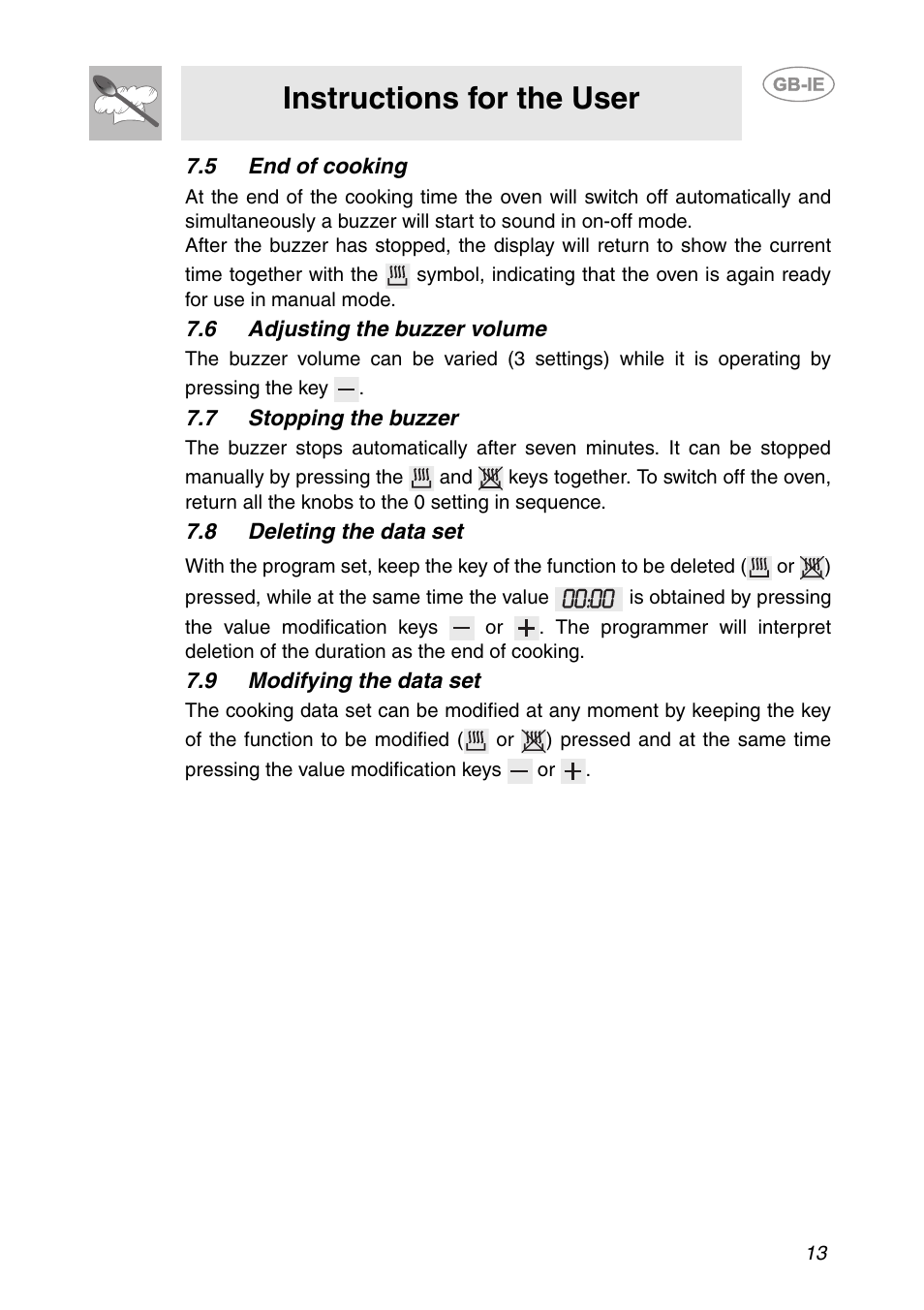 5 end of cooking, 6 adjusting the buzzer volume, 7 stopping the buzzer | 8 deleting the data set, 9 modifying the data set, Instructions for the user | Smeg SCDK380X User Manual | Page 11 / 26