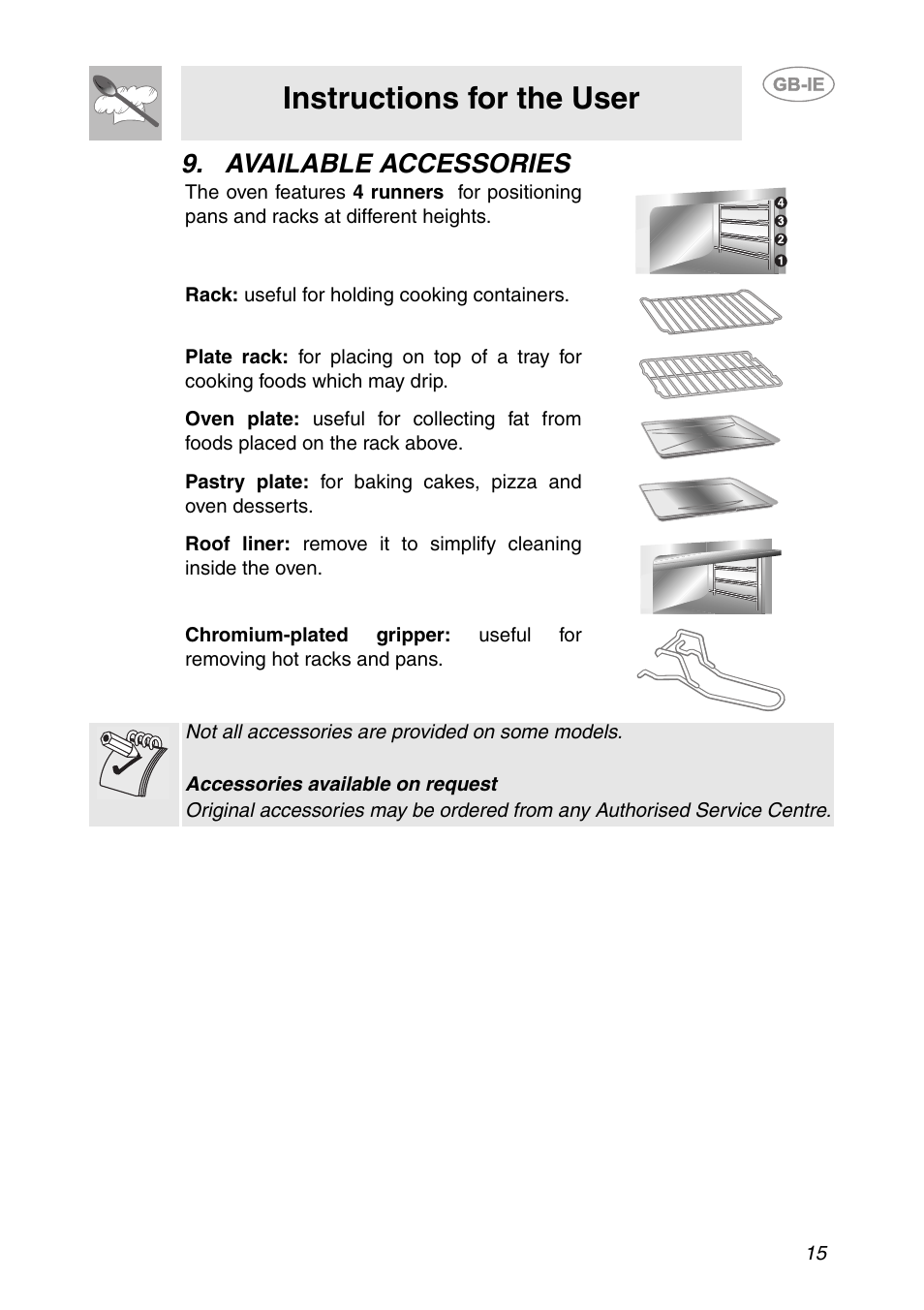 Available accessories, Instructions for the user | Smeg SCDK380X User Manual | Page 13 / 26