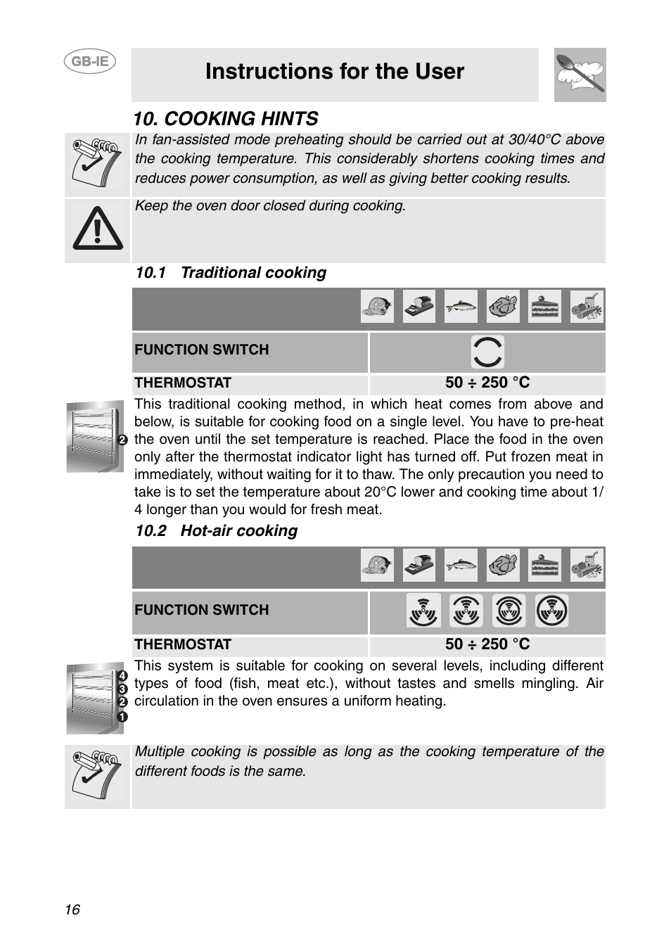 Cooking hints, 1 traditional cooking, 2 hot-air cooking | Instructions for the user | Smeg SCDK380X User Manual | Page 14 / 26