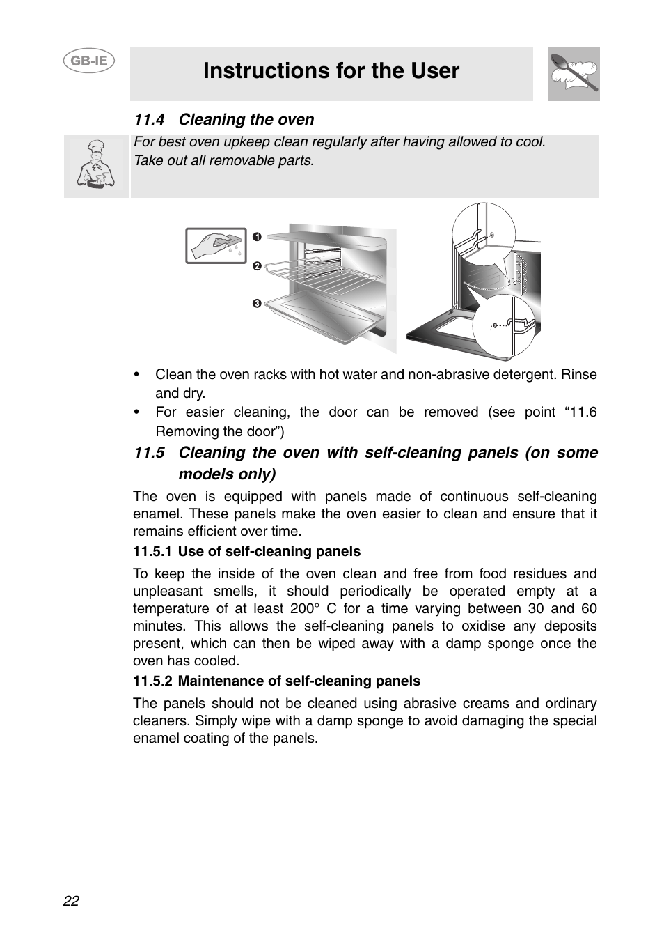 4 cleaning the oven, 1 use of self-cleaning panels, 2 maintenance of self-cleaning panels | Instructions for the user | Smeg SCDK380X User Manual | Page 20 / 26