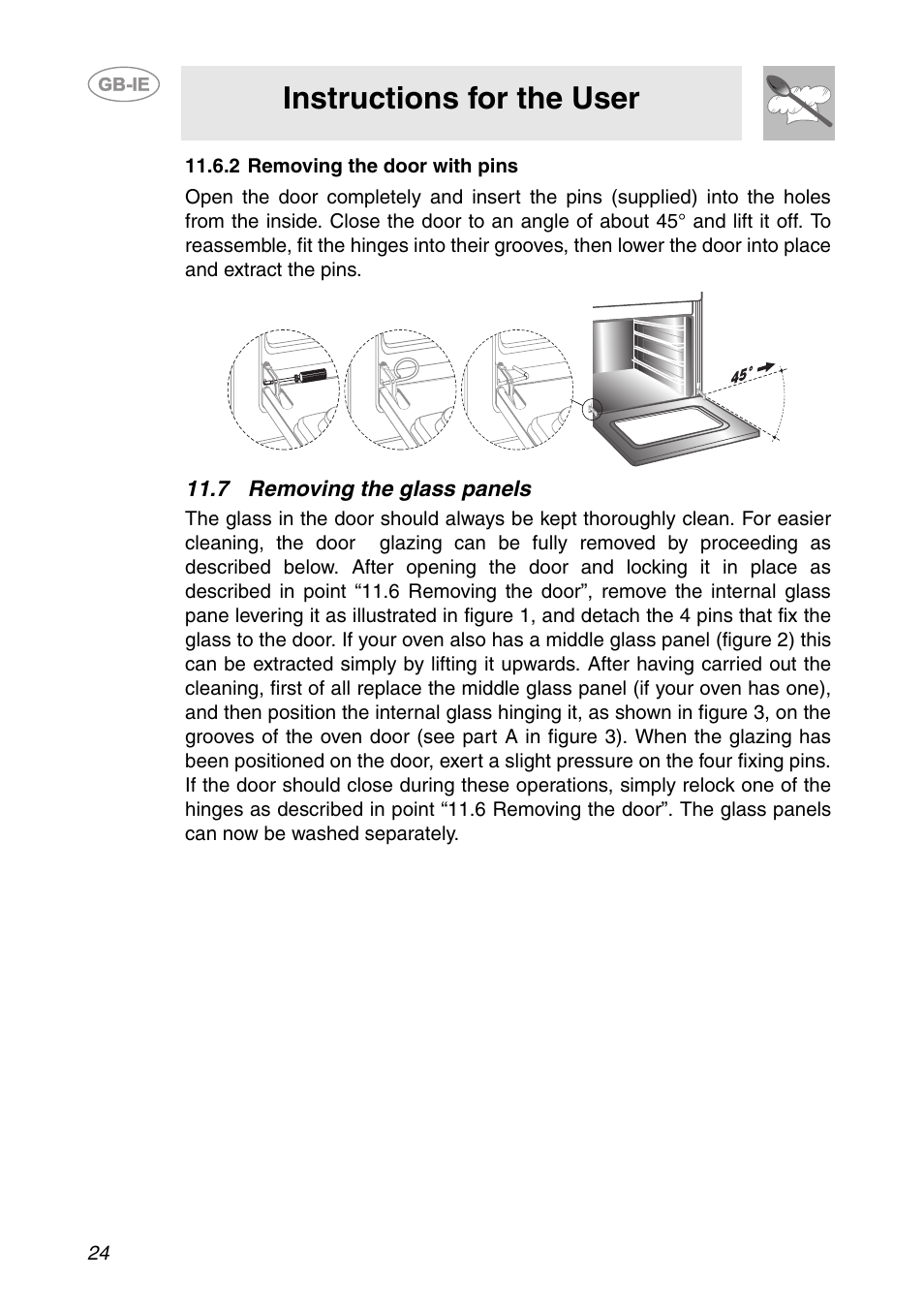 2 removing the door with pins, 7 removing the glass panels, Instructions for the user | Smeg SCDK380X User Manual | Page 22 / 26