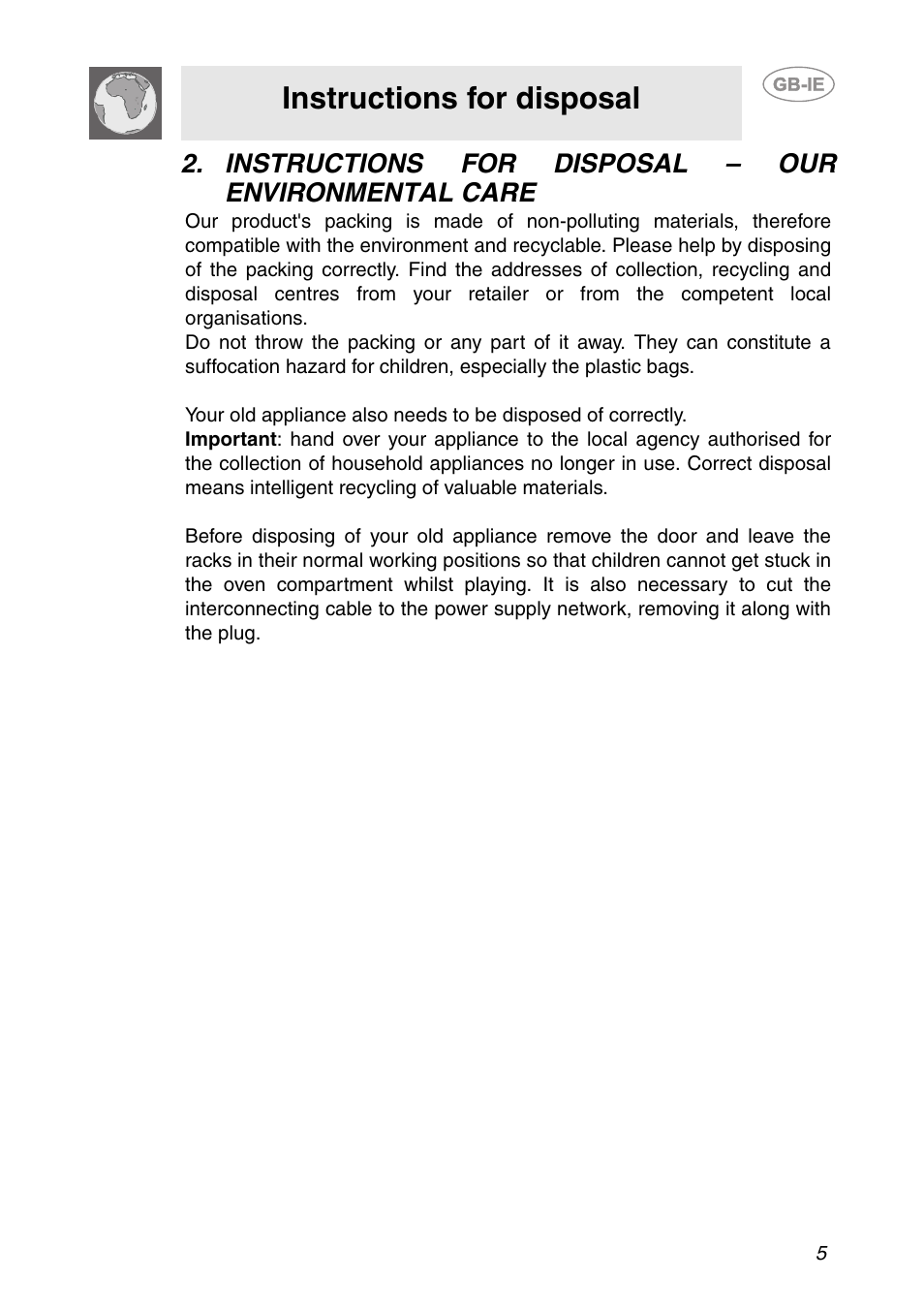 Instructions for disposal - our environmental care, Instructions for disposal | Smeg SCDK380X User Manual | Page 3 / 26