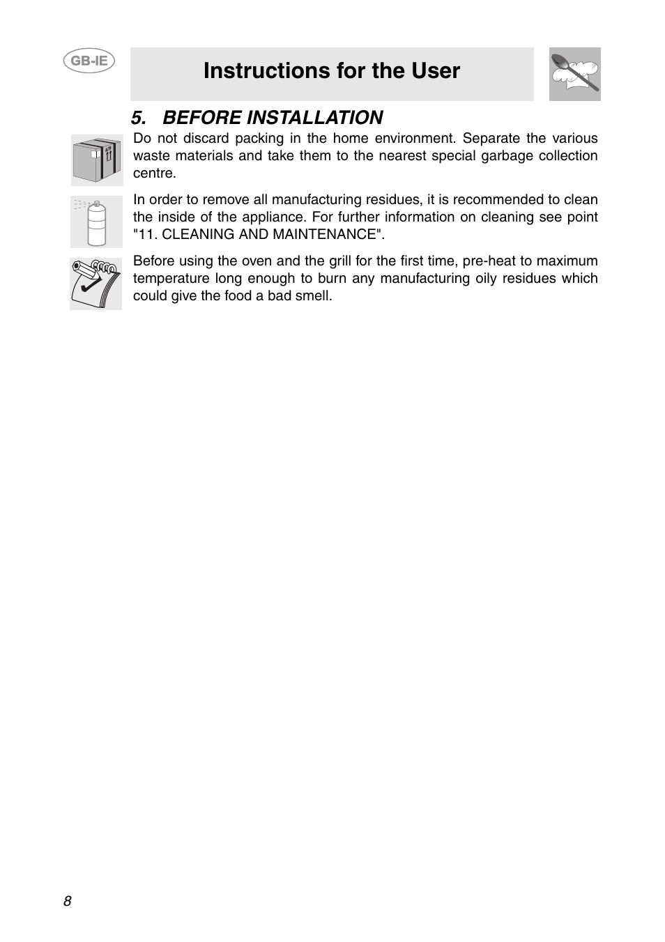 Before installation, Instructions for the user | Smeg SCDK380X User Manual | Page 6 / 26