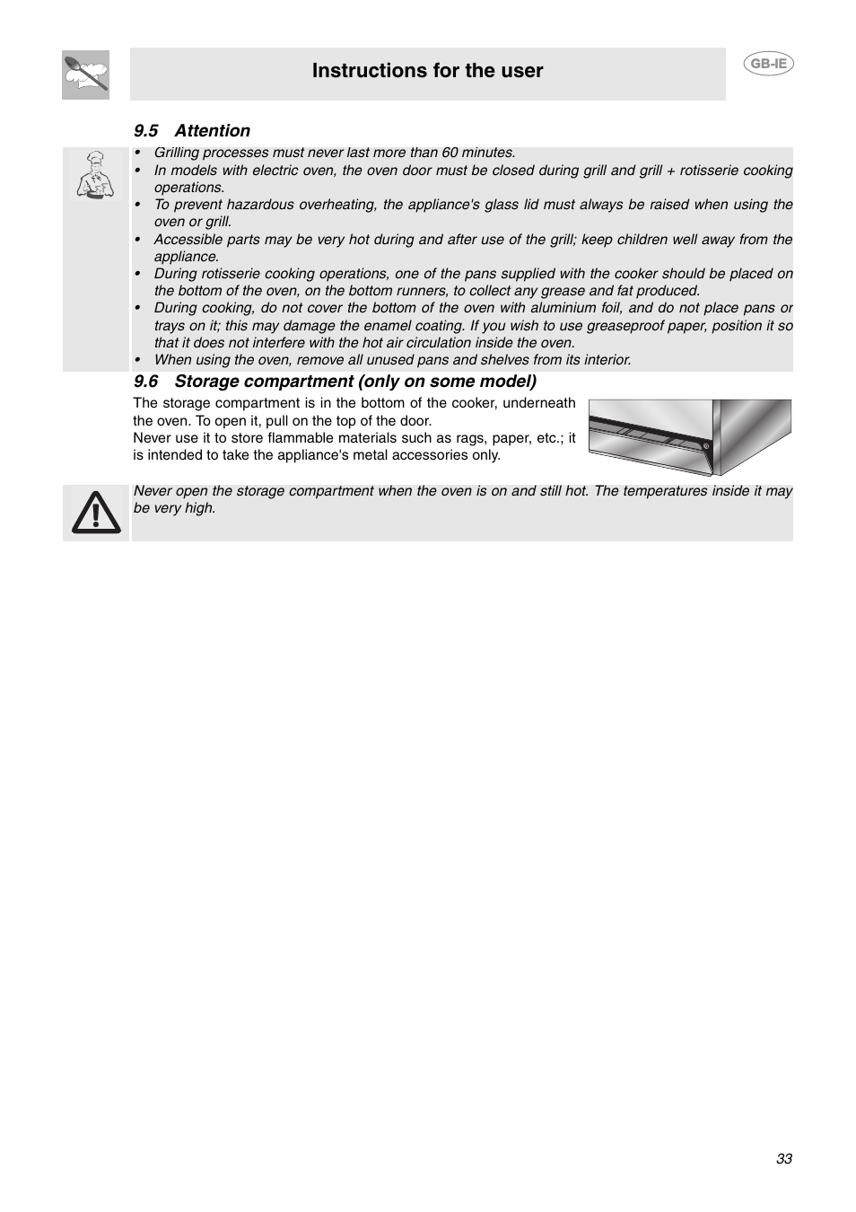 5 attention, 6 storage compartment (only on some model), Instructions for the user | Smeg C92GMX User Manual | Page 10 / 20