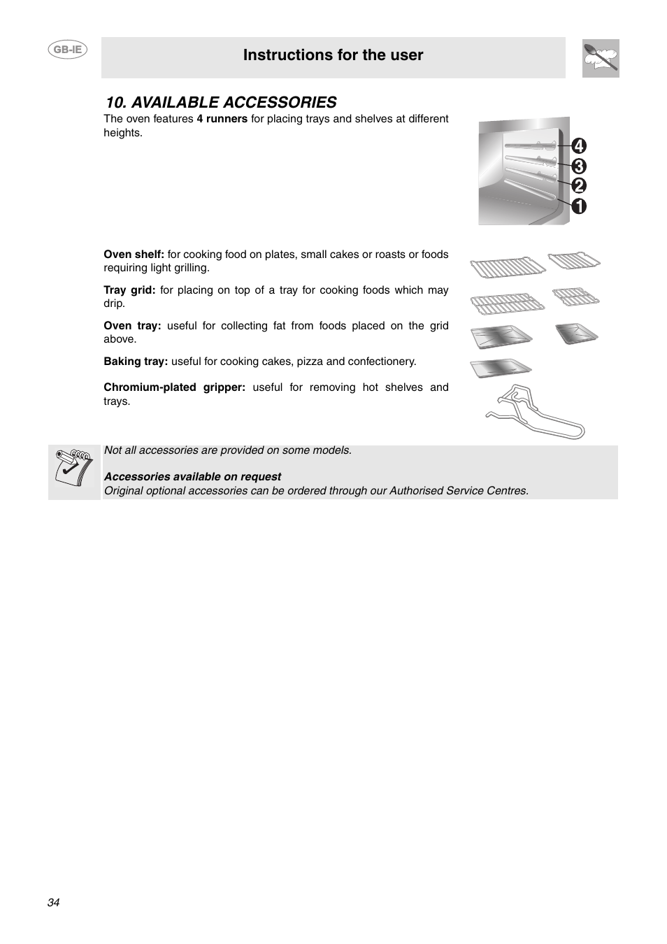 Available accessories, Instructions for the user | Smeg C92GMX User Manual | Page 11 / 20
