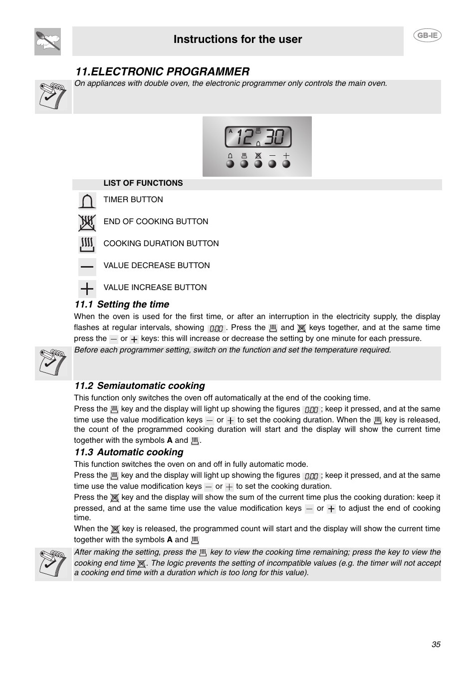 Electronic programmer, 1 setting the time, 2 semiautomatic cooking | 3 automatic cooking, Instructions for the user | Smeg C92GMX User Manual | Page 12 / 20