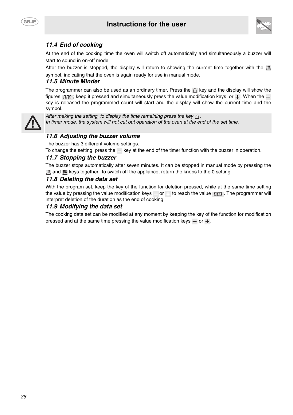 4 end of cooking, 5 minute minder, 6 adjusting the buzzer volume | 7 stopping the buzzer, 8 deleting the data set, 9 modifying the data set, Instructions for the user | Smeg C92GMX User Manual | Page 13 / 20