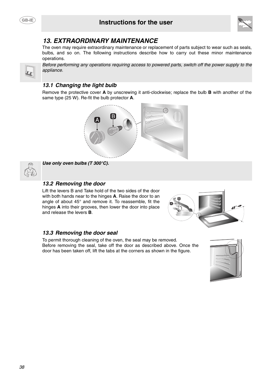 Extraordinary maintenance, 1 changing the light bulb, 2 removing the door | 3 removing the door seal, Instructions for the user | Smeg C92GMX User Manual | Page 15 / 20