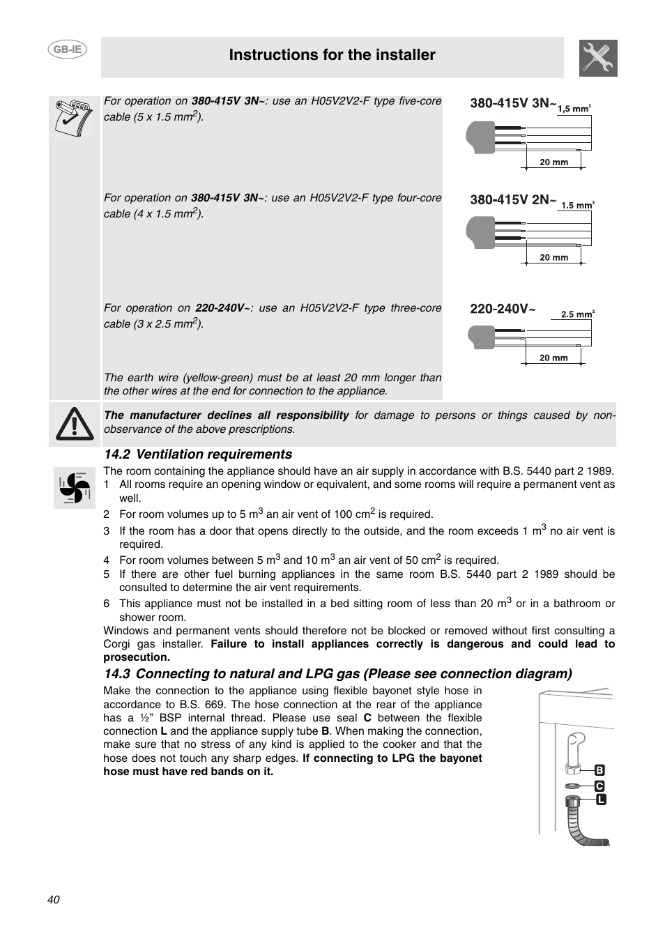 2 ventilation requirements, Instructions for the installer | Smeg C92GMX User Manual | Page 17 / 20