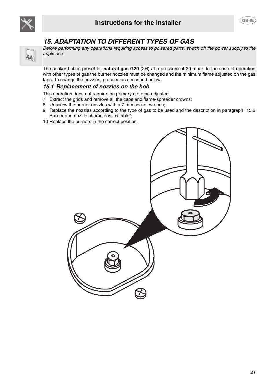 Adaptation to different types of gas, 1 replacement of nozzles on the hob, 10 replace the burners in the correct position | Instructions for the installer | Smeg C92GMX User Manual | Page 18 / 20