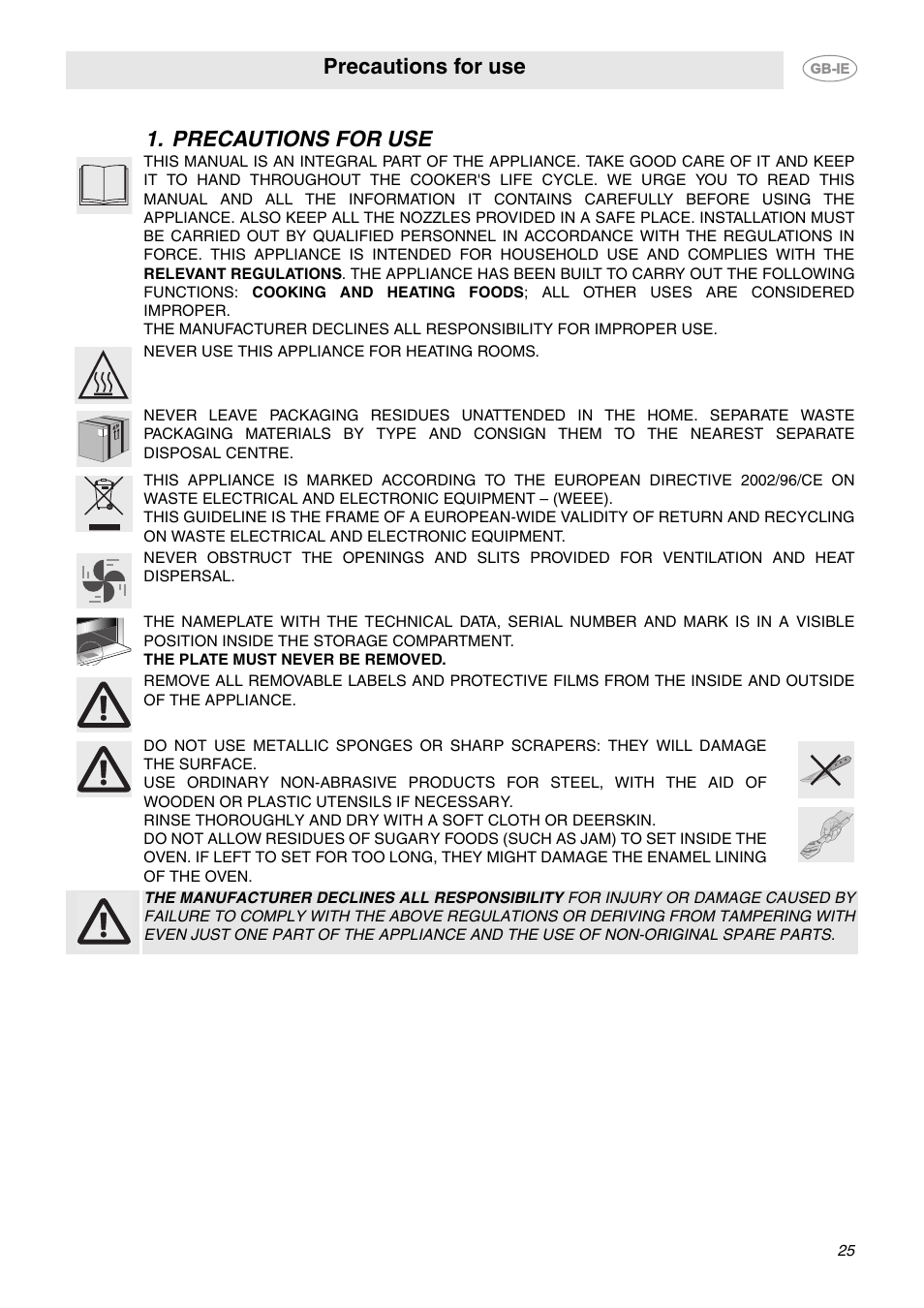 Precautions for use | Smeg C92GMX User Manual | Page 2 / 20