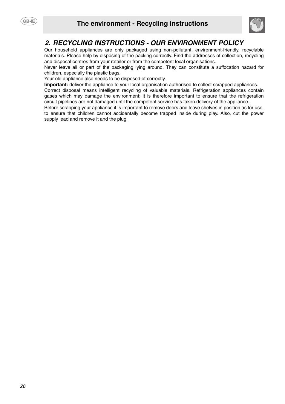 Recycling instructions - our environment policy, The environment - recycling instructions | Smeg C92GMX User Manual | Page 3 / 20