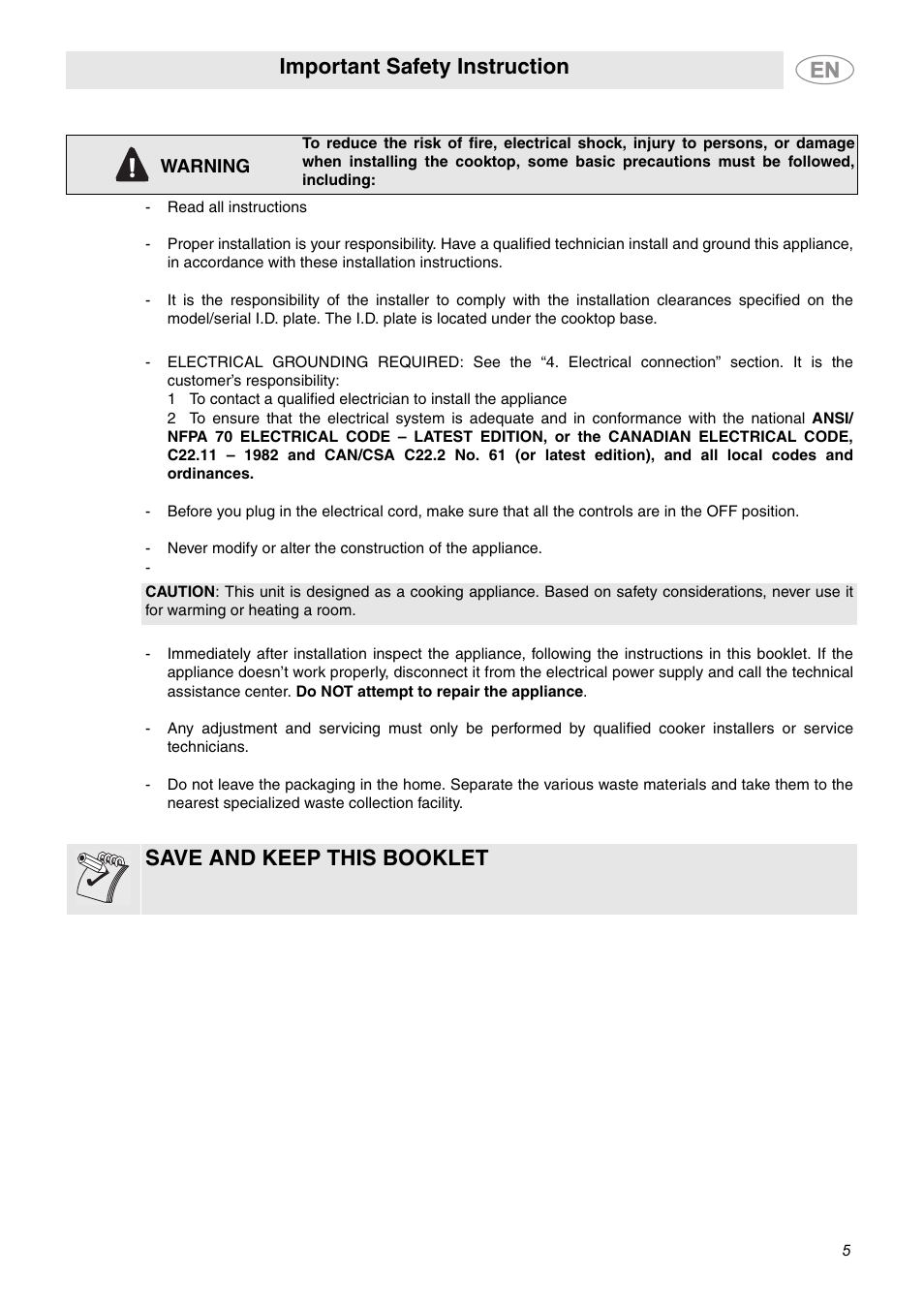 Important safety instruction, Save and keep this booklet | Smeg S2773CXU User Manual | Page 3 / 9