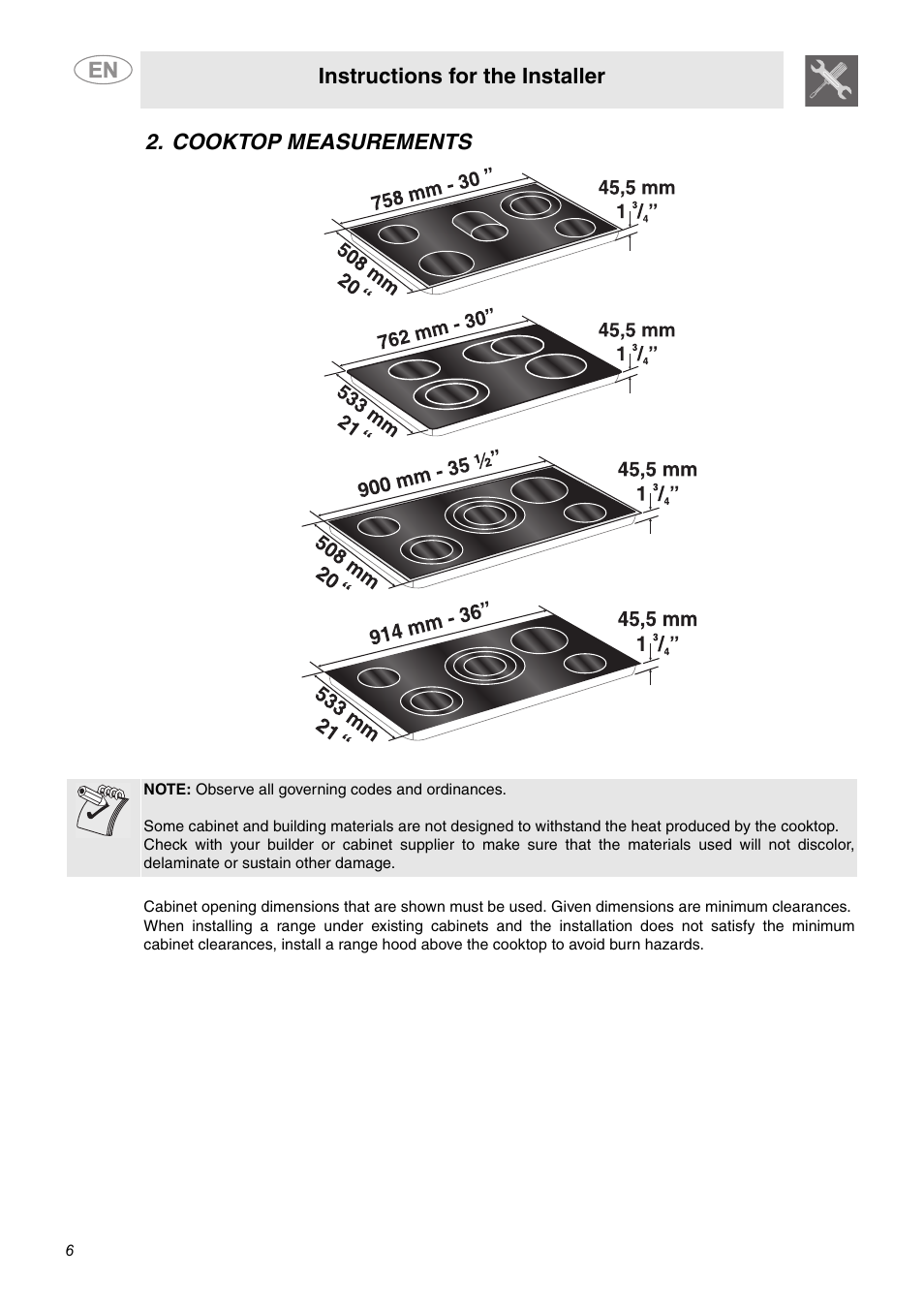 Cooktop measurements, Instructions for the installer | Smeg S2773CXU User Manual | Page 4 / 9