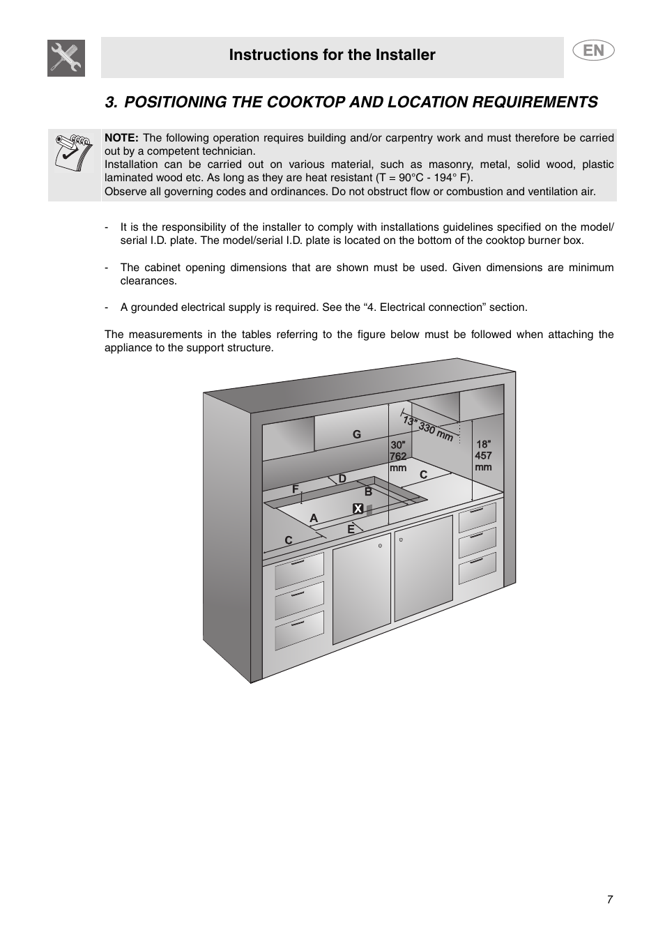 Positioning the cooktop and location requirements, Instructions for the installer | Smeg S2773CXU User Manual | Page 5 / 9