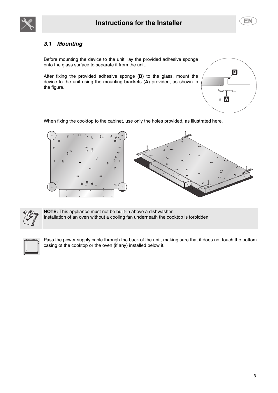 1 mounting, Instructions for the installer | Smeg S2773CXU User Manual | Page 7 / 9