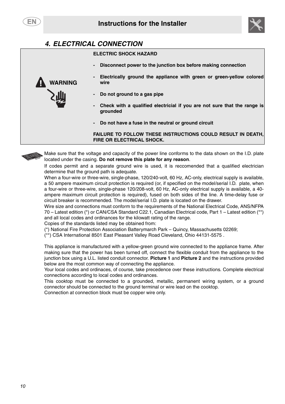 Electrical connection, Instructions for the installer | Smeg S2773CXU User Manual | Page 8 / 9